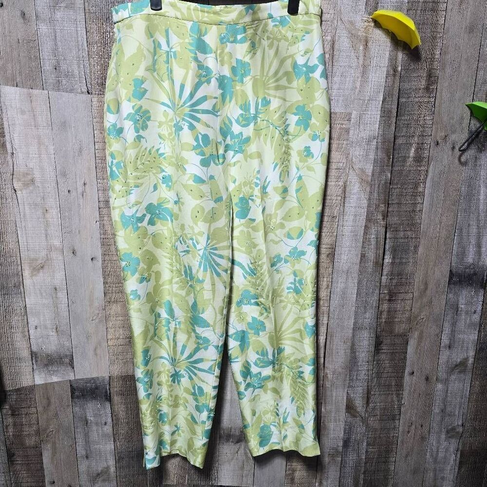 Papell Petites Vintage 90s Green Beaded Floral High Rise Silk Tapered Pants 12P